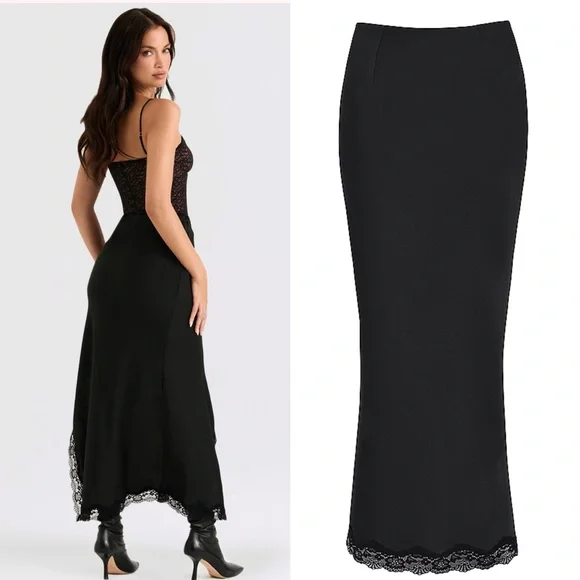 ❤️‍🔥Firm Price❤️‍🔥House of CB RUBY Black Satin Lace Trim Midi Skirt - Picture 3 of 15